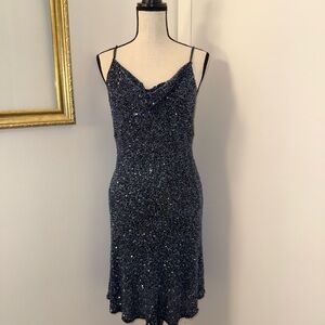 Scala Sequined Navy Slip Dress with Spaghetti Straps